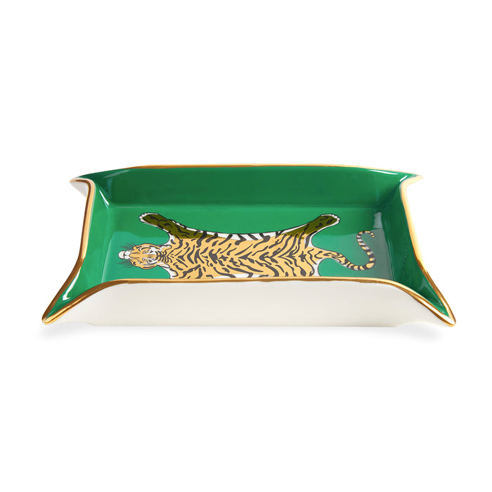 tiger valet tray porcelain green accents gold - front view