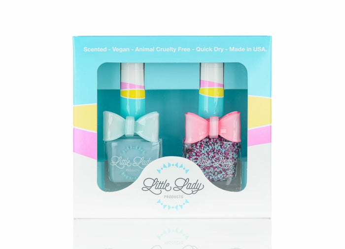 Tropical Bunny Duo nail polish set with bow ring, featuring Tropical Tango and Bunny Hop shades, ideal for fun, safe, and stylish kids' manicures.