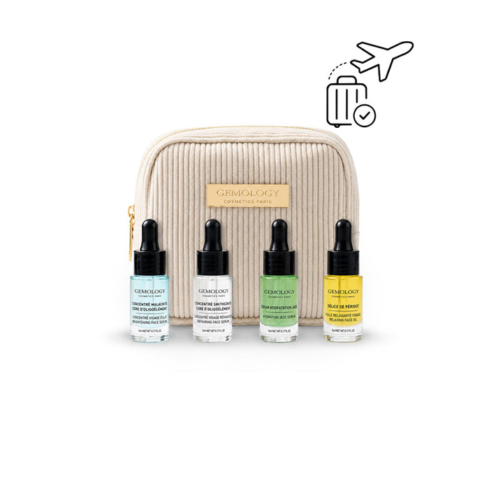 Trousse de voyage sérums concentrés et huile sèche visage Gemology – 4 mini flacons 5ml format cabine