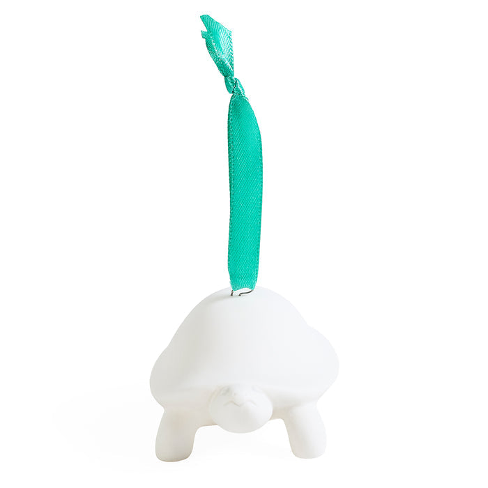 A white mushroom-shaped hanging ornament with a bright teal ribbon loop at the top, shown against a plain white background.