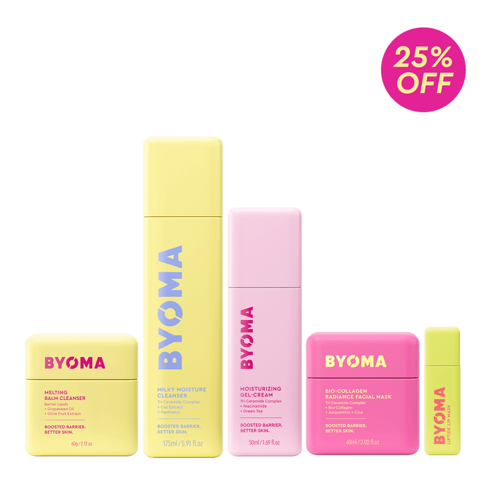BYOMA skincare products with a 25% off badge on a green background