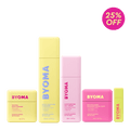 BYOMA skincare products with a 25% off badge on a green background