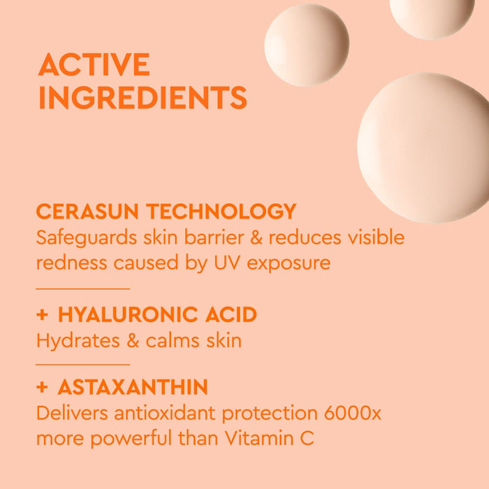 BYOMA Ultralight Face Fluid SPF30 packaging listing Cerasun technology, hyaluronic acid and astaxanthin as active ingredients, on a peach background.