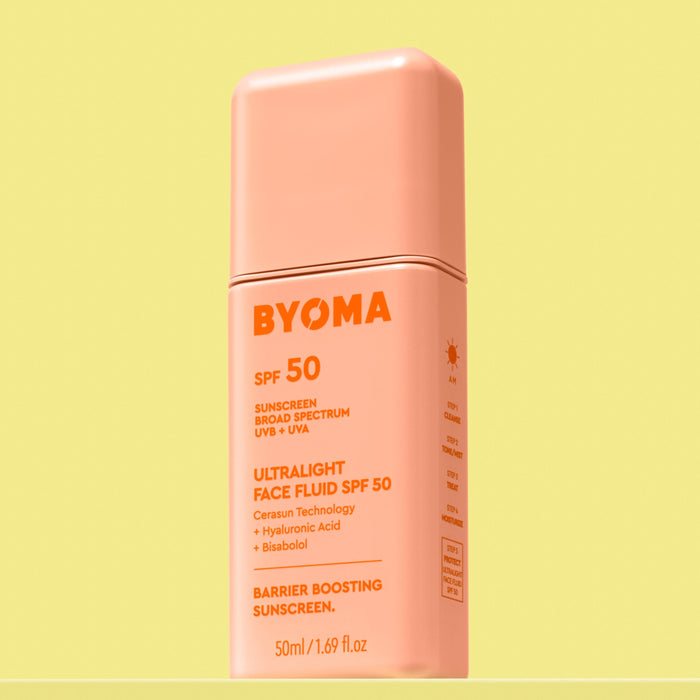 A BYOMA Ultralight Face Fluid SPF 50 bottle.