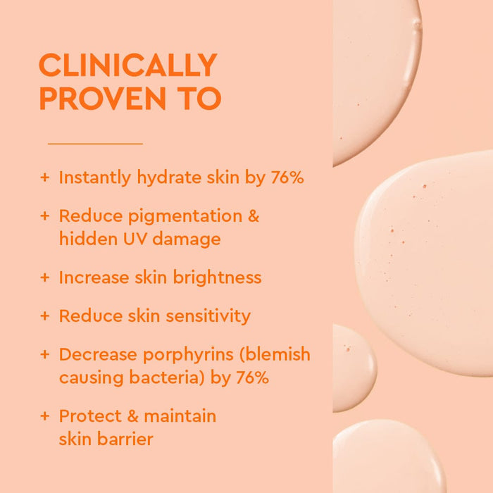 BYOMA Ultralight Face Fluid SPF50 with text highlighting its benefits, on a peach background.