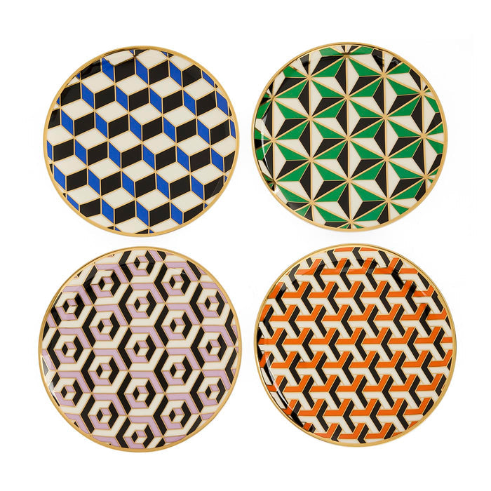 Four geometric patterned coasters on a white background