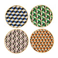 Four geometric patterned coasters on a white background