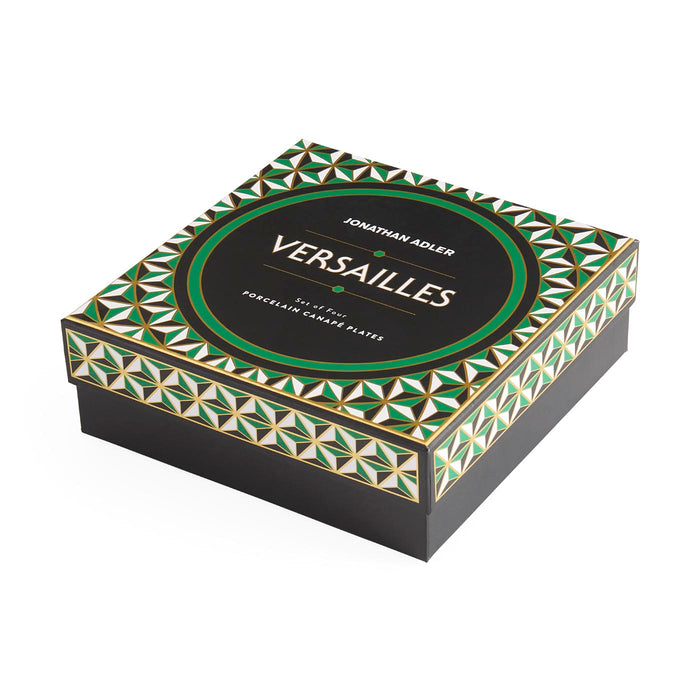 Box of Jonathan Adler Versailles porcelain enamel plates with geometric design