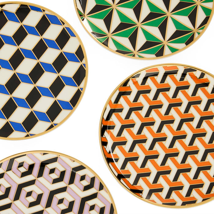 Set of geometric patterned plates on a white background