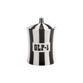 A black and white striped ceramic jar with a lid, featuring a white label on the front with the text 'GLP-1' in black.