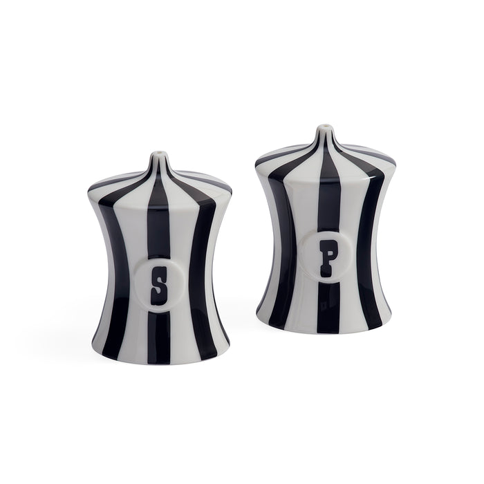 A pair of salt and pepper shakers with a black and white striped design, featuring a circular monogram 'S' on one and 'P' on the other, set against a plain white background.