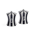 A pair of salt and pepper shakers with a black and white striped design, featuring a circular monogram 'S' on one and 'P' on the other, set against a plain white background.