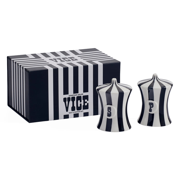 A VICE brand salt and pepper shaker set with a matching gift box. The set features two small ceramic shakers with black and white vertical stripes, each decorated with a large letter 'P' to denote pepper shakers, positioned next to their box which has a matching striped pattern.