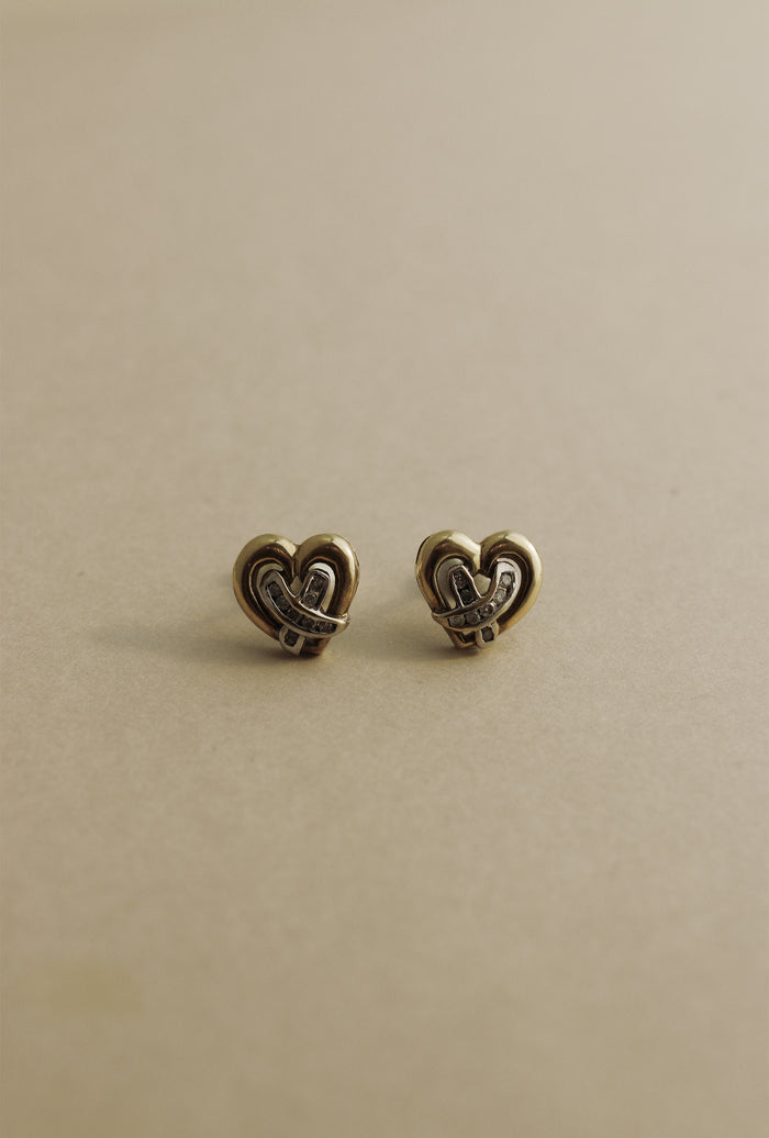 Vintage 10K Gold & Diamond X Heart Earrings