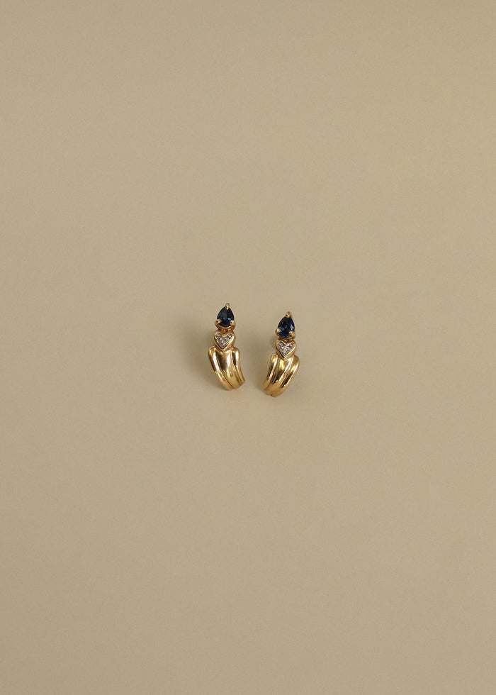 Vintage Blue Sapphire Pear Diamond Heart Earrings
