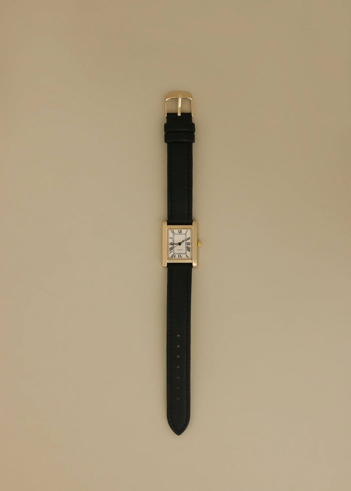 Vintage Quartz Rectangle Black Leather Strap Watch