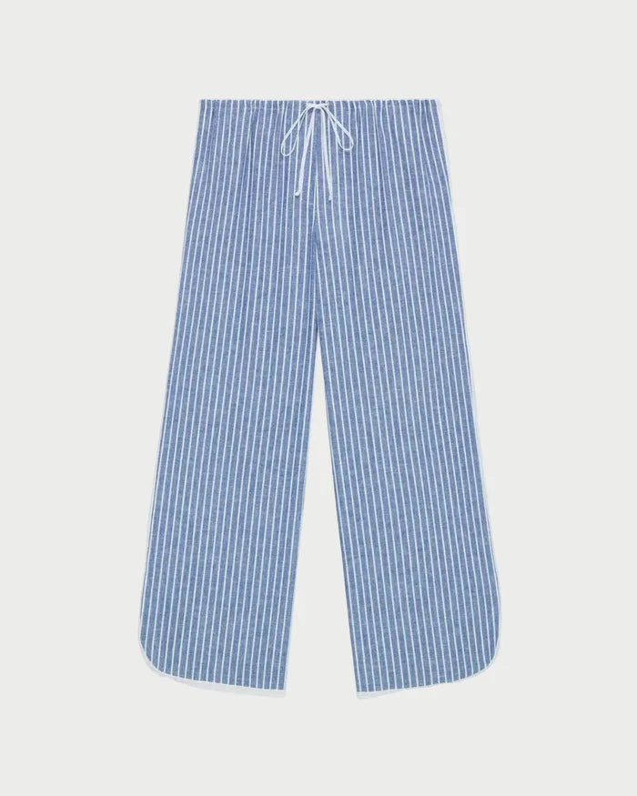Blue and white striped pants on a light gray background