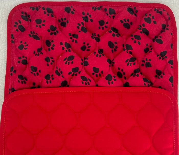 Red FMS Dog Beds Tuff Pads with paw print velour design, soft and comfortable dog bed for pets.