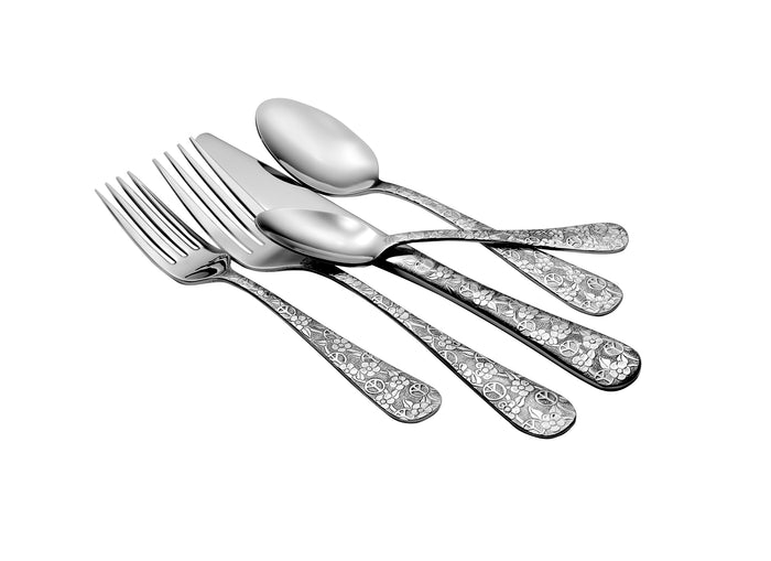 Four ornate stainless-steel utensils (two forks, two spoons) with floral-pattern handles arranged overlapping on a white background.
